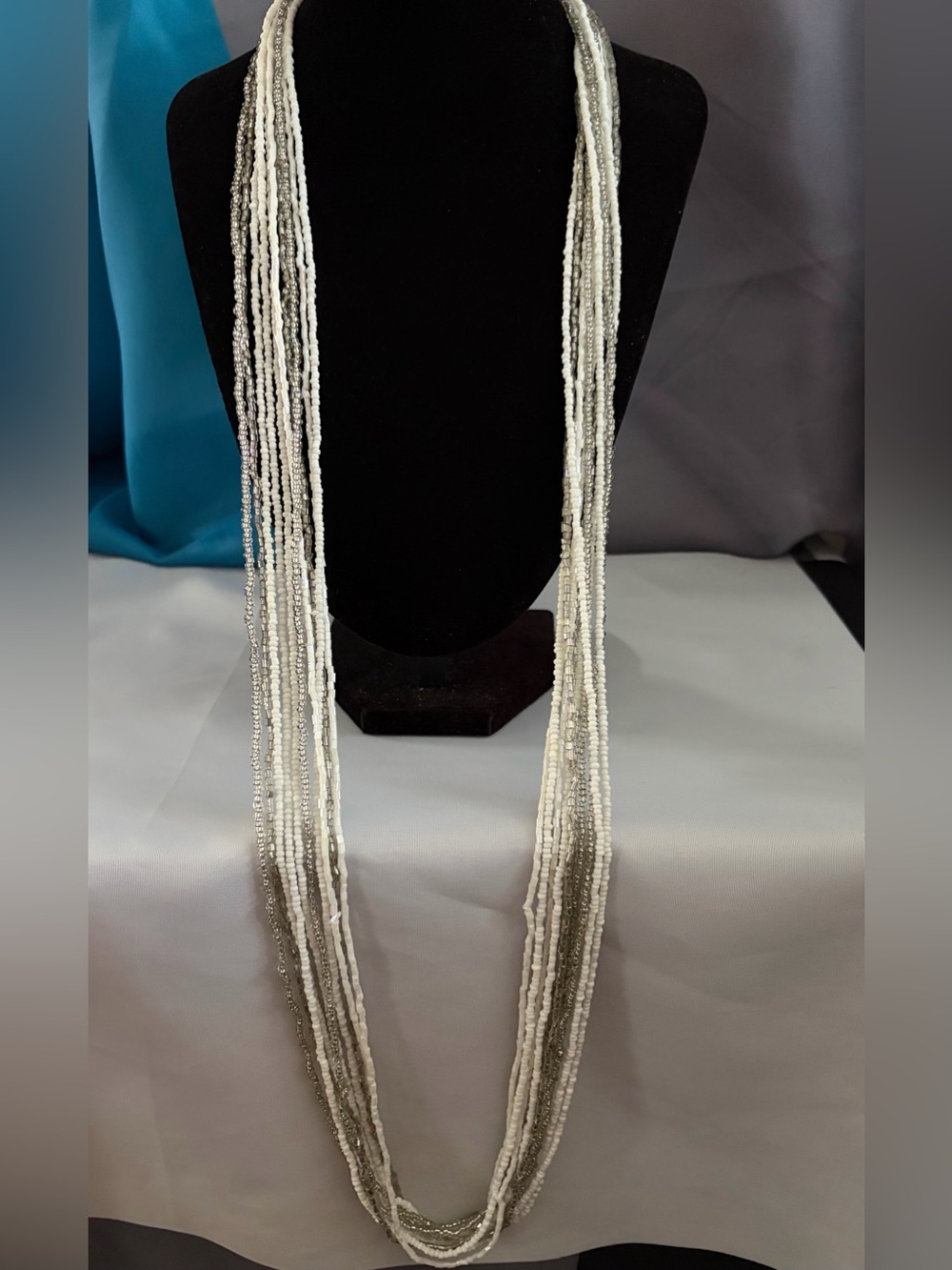 Multi-Strand White and Silver Seed Bead Necklace